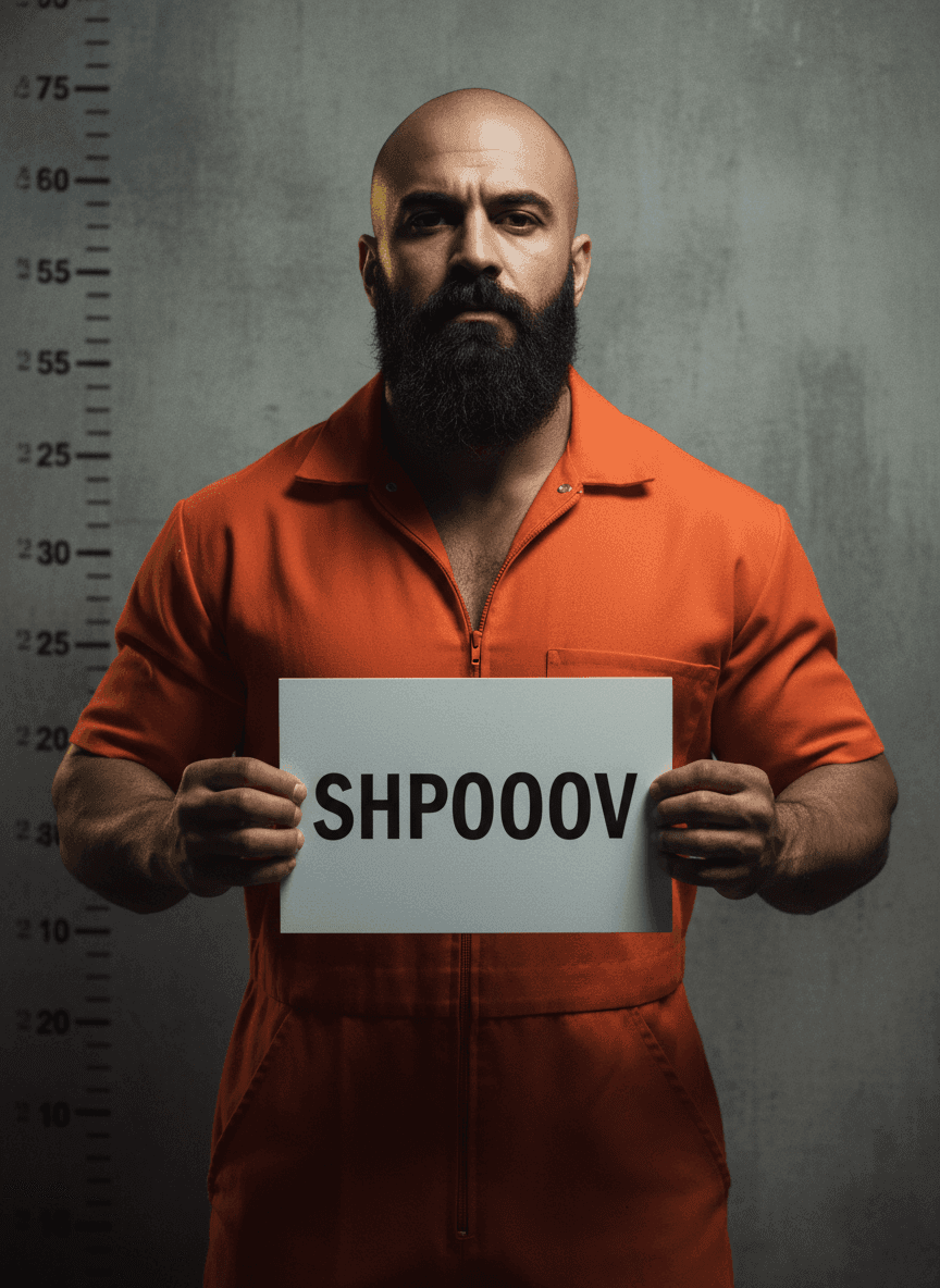 Intake mugshot — inmate holding a SHPOOOV booking placard